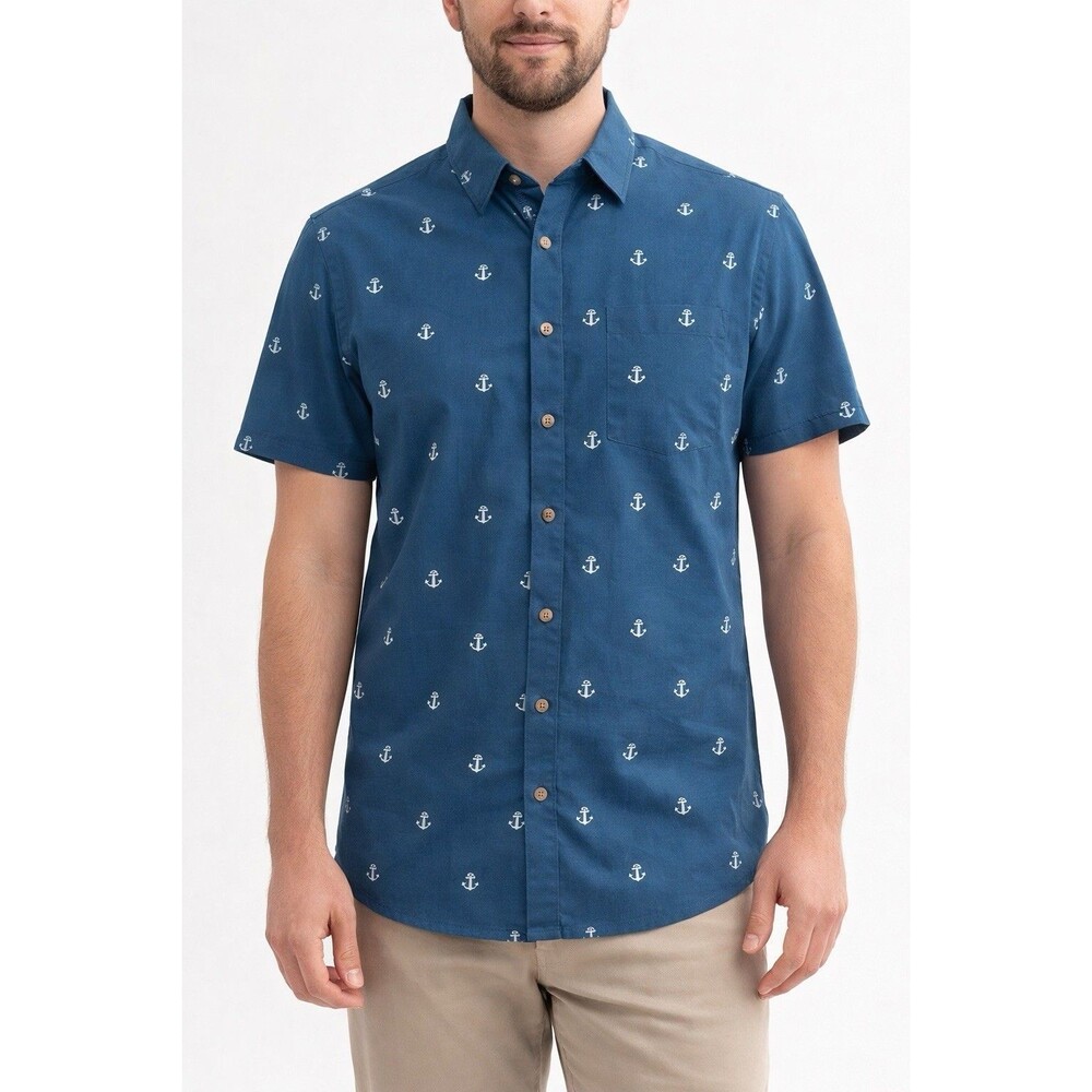 Tallwoods Anchor Print Shirt Men Medium Blue Stretch Button Up